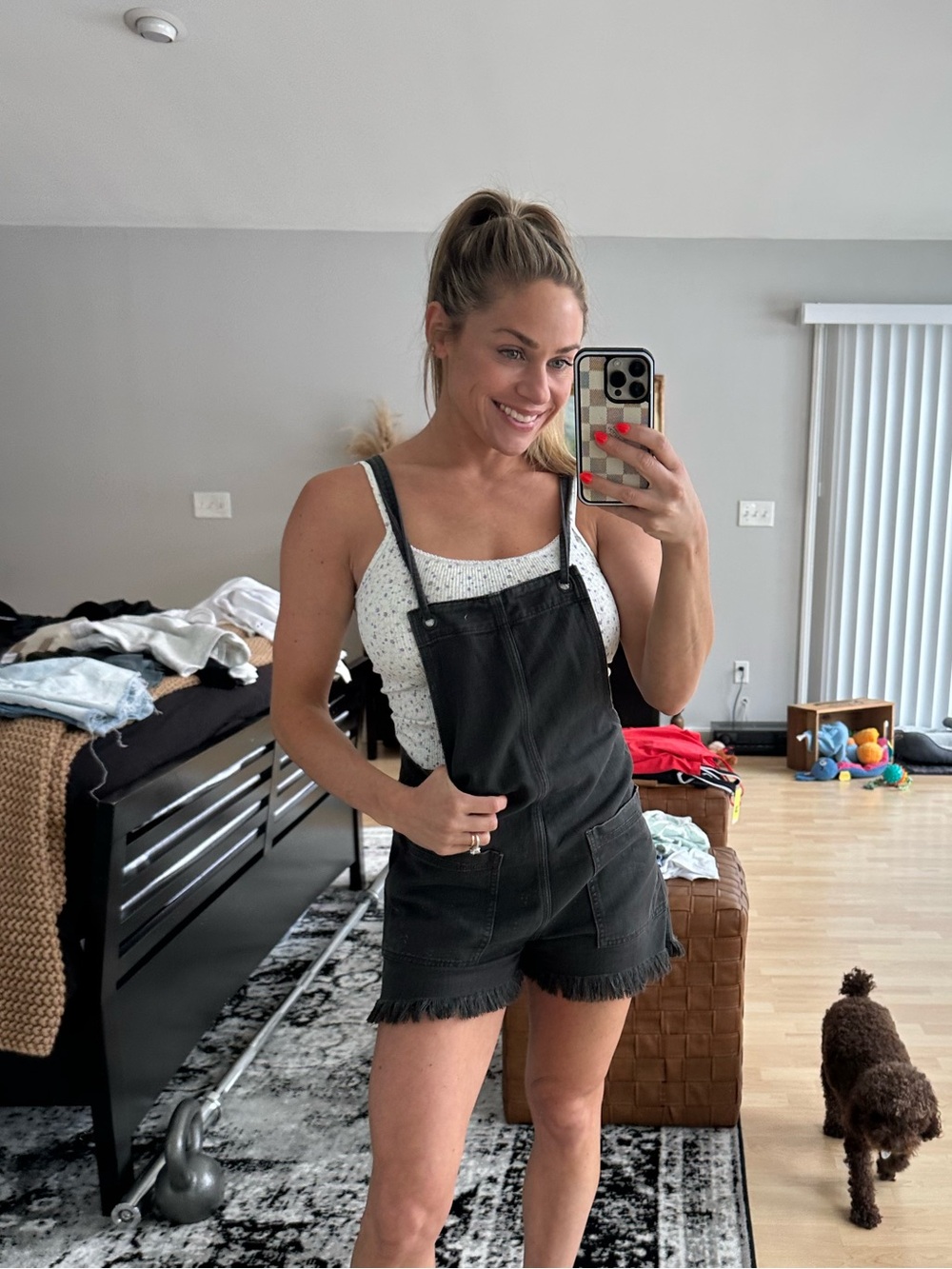 aerie Black Denim Overall Shorts with Frayed Hem